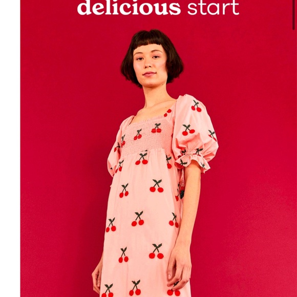 NWT Farm Rio Cherry Cross Stitch Midi Dress in Light Pink - Picture 2 of 5